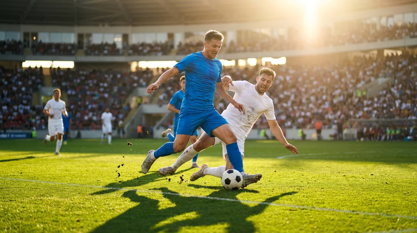 Twee voetbalteams in actie op een groen voetbalveld