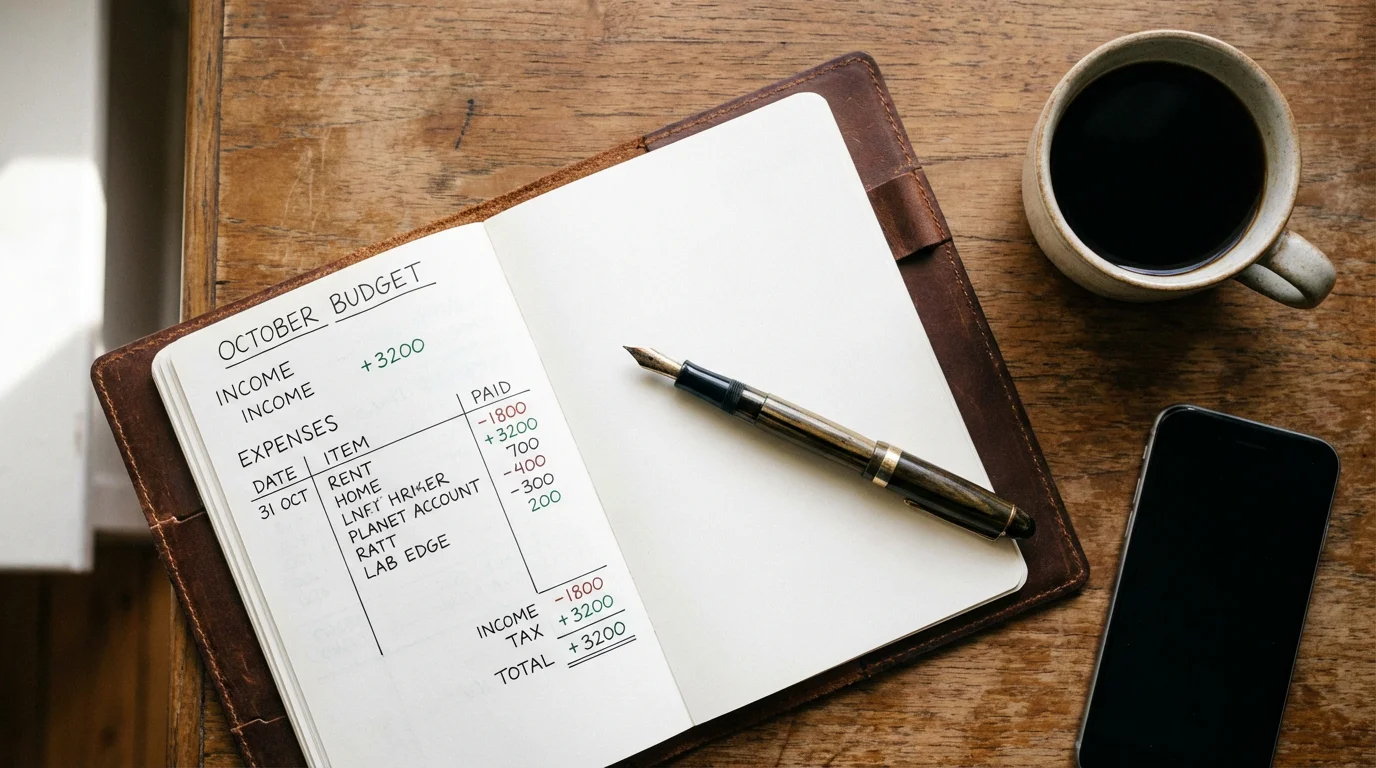 Notitieboekje met een budgetplanning en een pen op een bureau