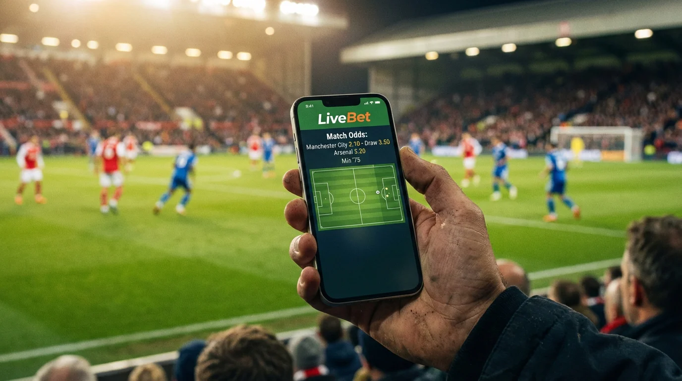 Smartphone met een live wedden app op een voetbalwedstrijd