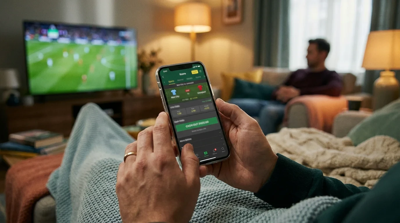 Persoon die op een smartphone een sportweddenschap bekijkt