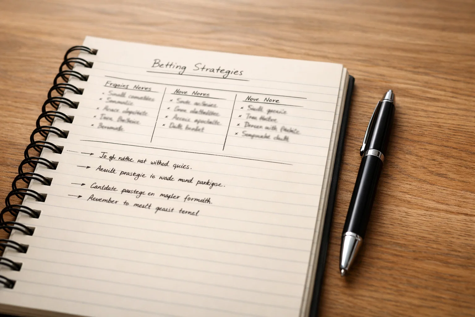 Notitieboek met wedstrategie en pen op houten bureau