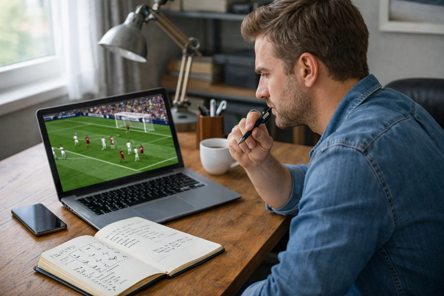 Man analyseert voetbalwedstrijd op laptop met aantekeningen