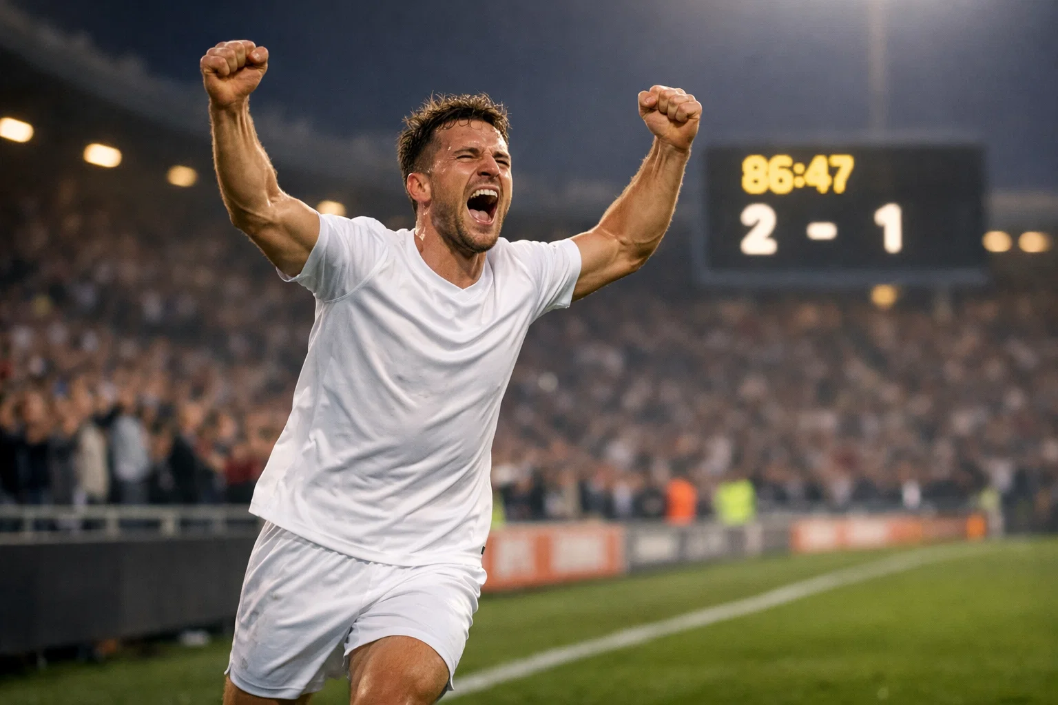 Voetballer viert doelpunt in de slotfase van een wedstrijd