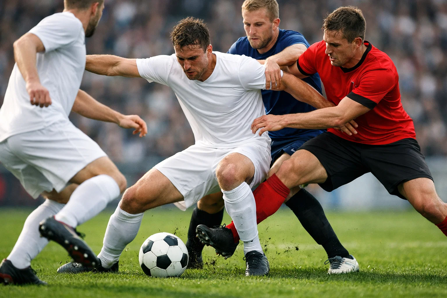 Voetbalspelers in actie tijdens pressing op het middenveld
