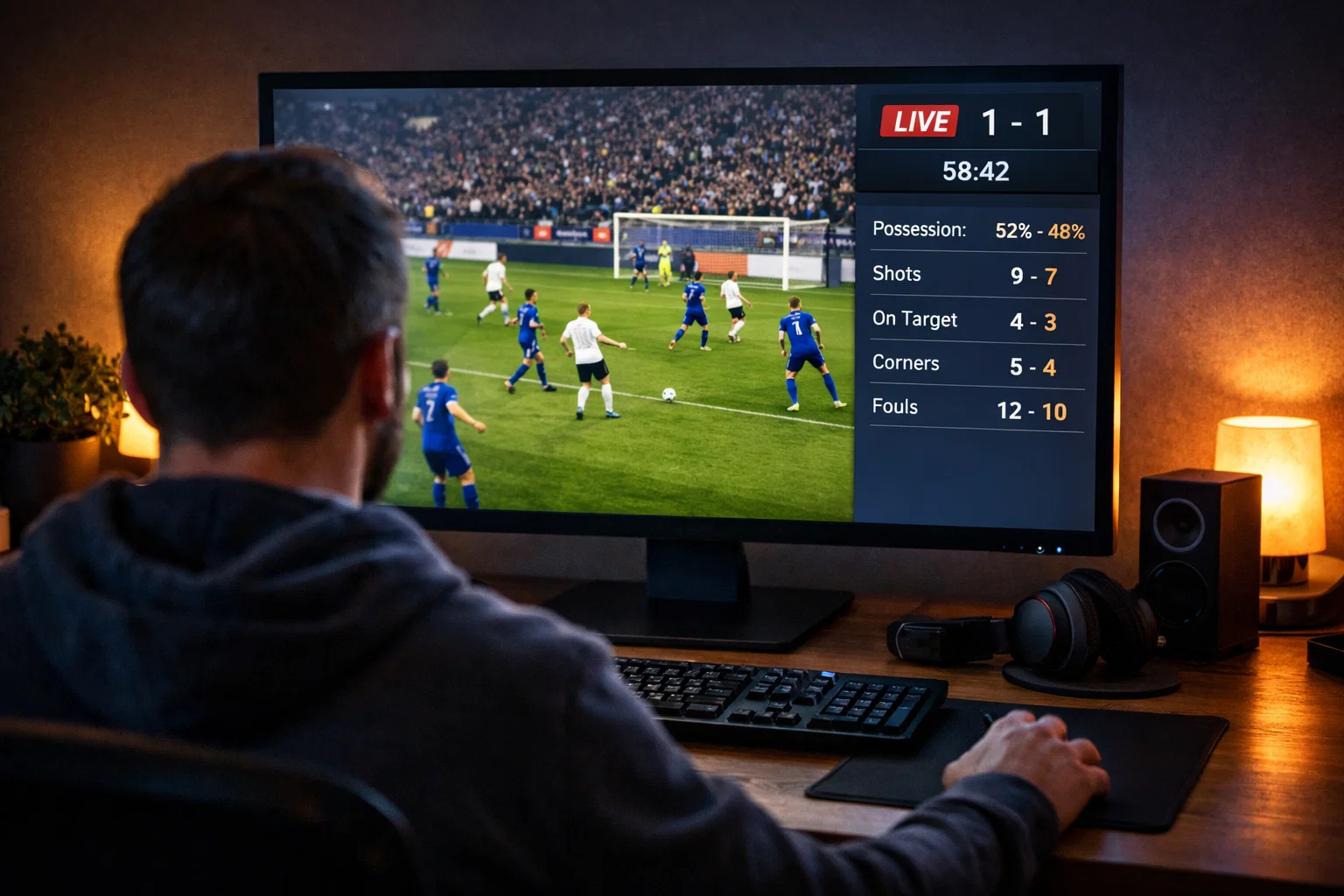 Persoon bekijkt live voetbalstream op computerscherm