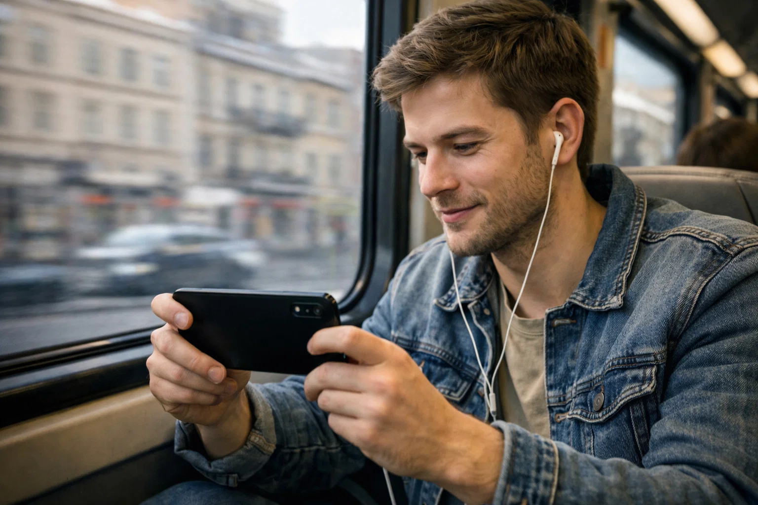 Jonge man volgt voetbalwedstrijd op smartphone onderweg