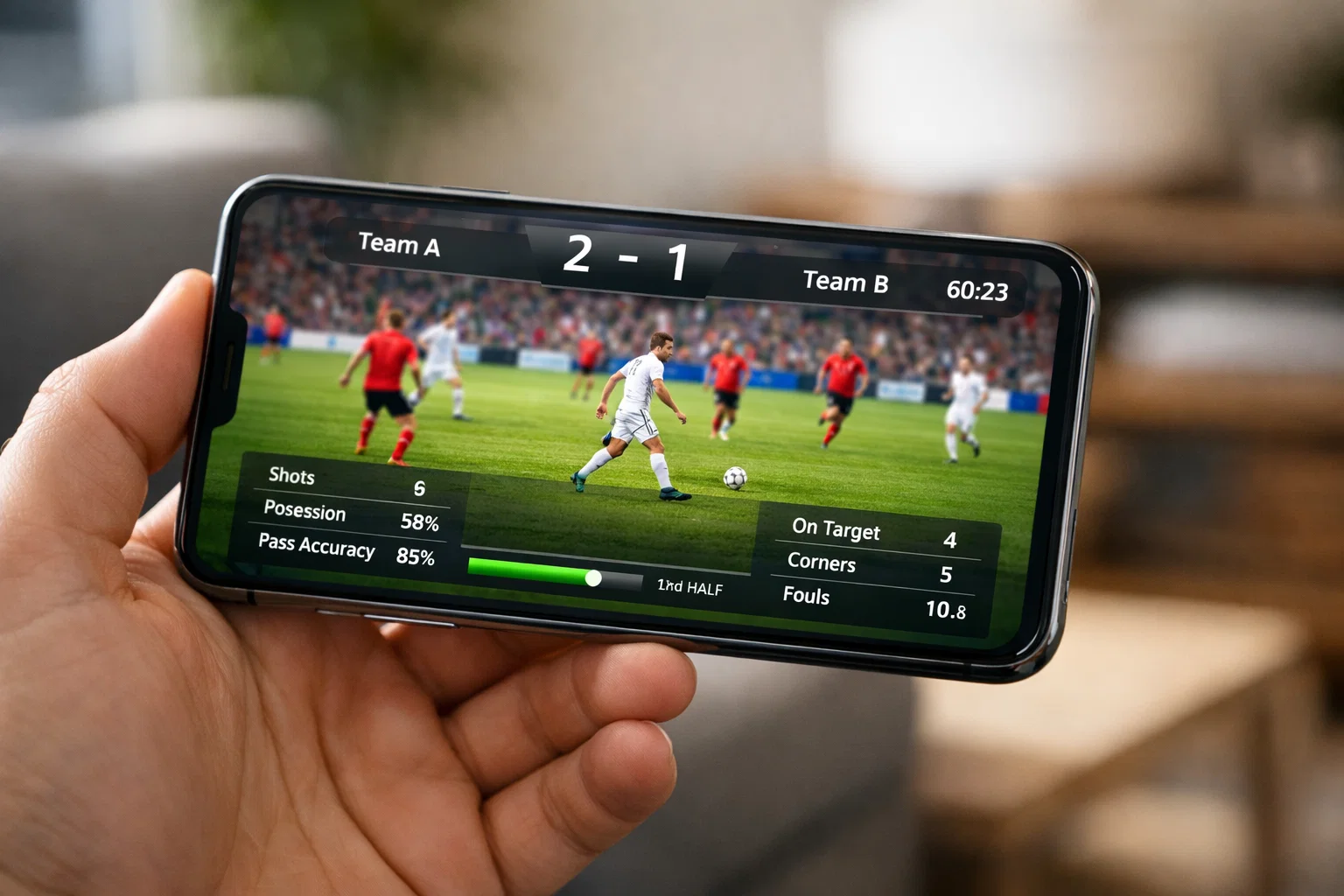 Smartphone met live voetbalwedstrijd en statistieken op het scherm