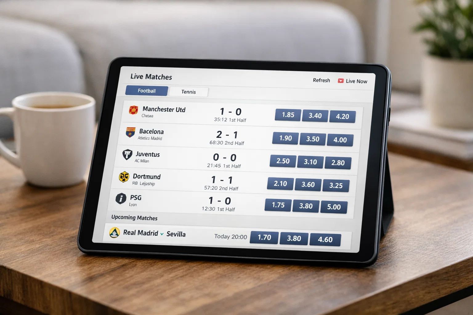 Moderne sportapp interface op tablet met wedstrijdoverzicht