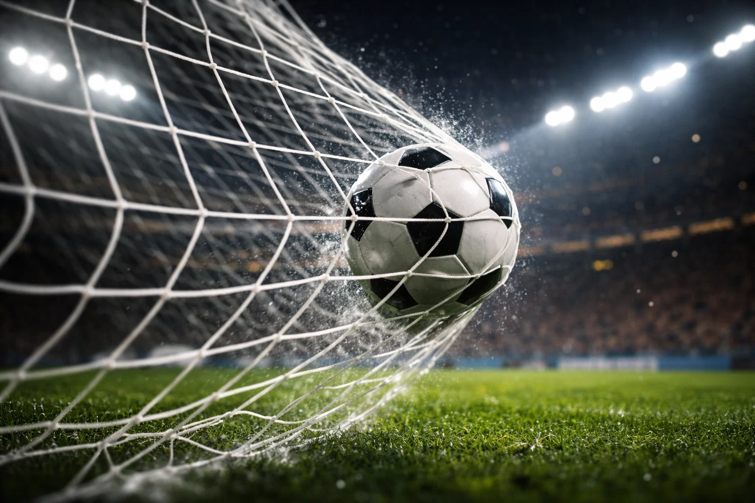 Voetbal in het net na doelpunt in een verlicht stadion