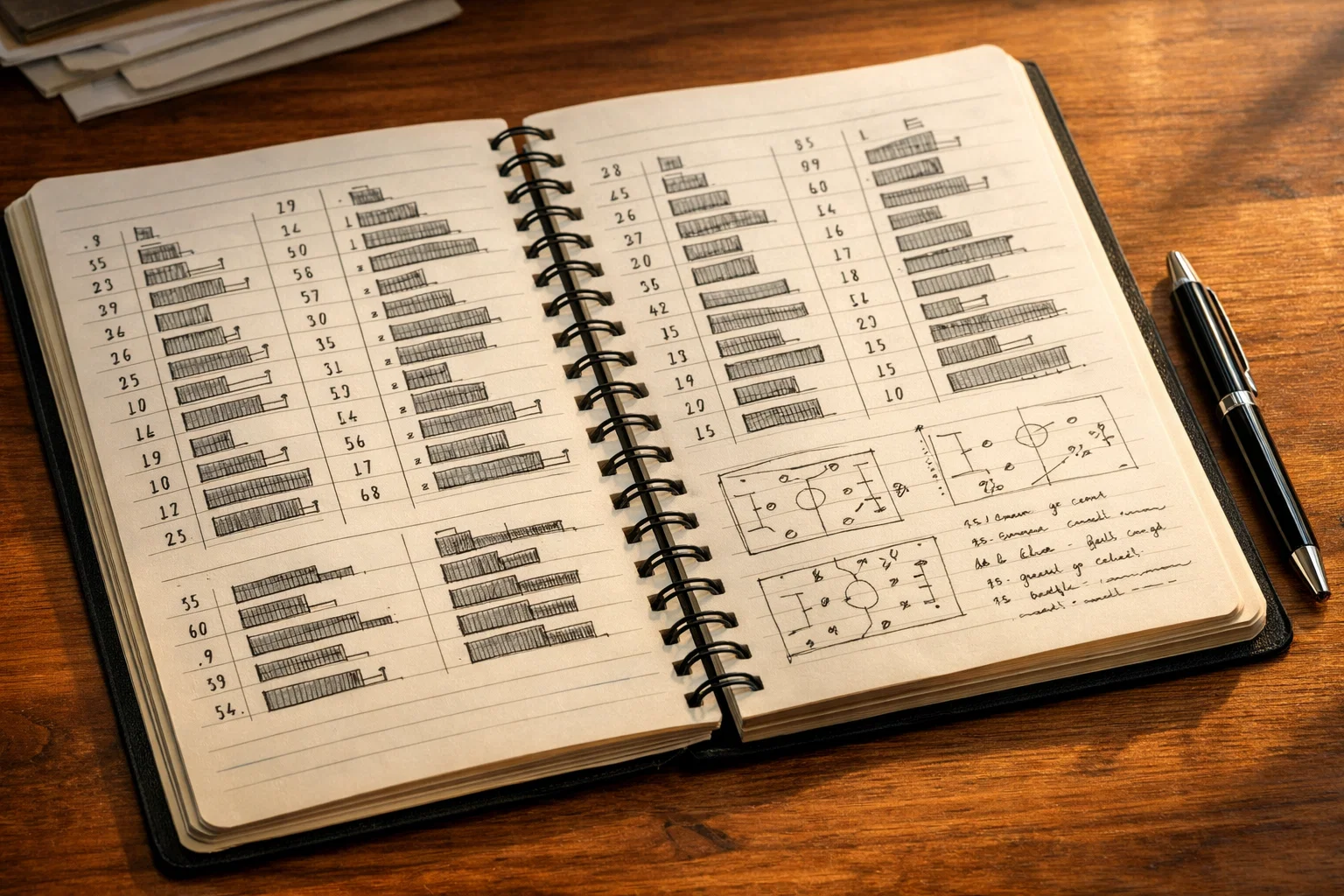 Notebook met statistieken en voetbalanalyse aantekeningen
