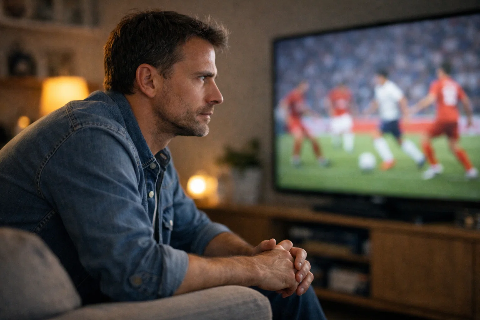 Persoon bestudeert voetbalwedstrijd met focus en concentratie