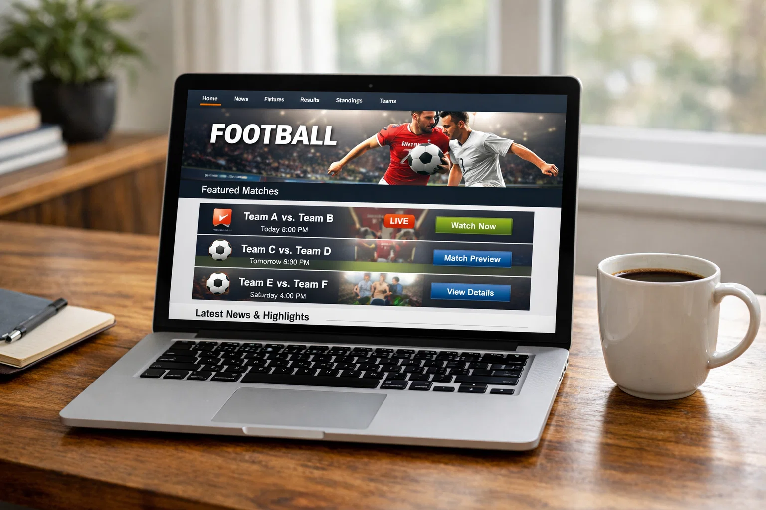 Laptop met sportwebsite open op houten bureau