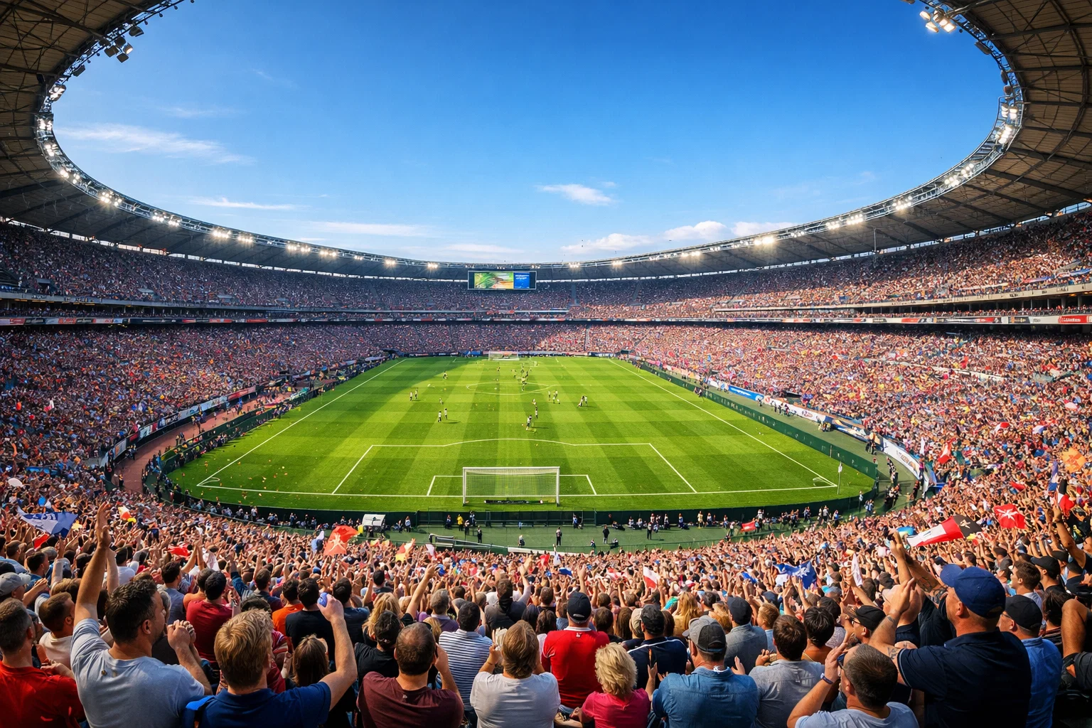 Voetbalstadion met supporters en groene grasmat bij daglicht