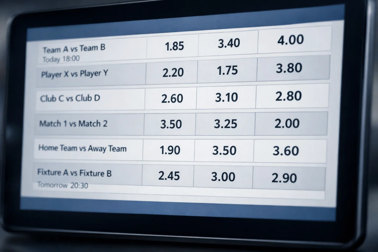 Scherm met decimale getallen en wedstrijdinformatie