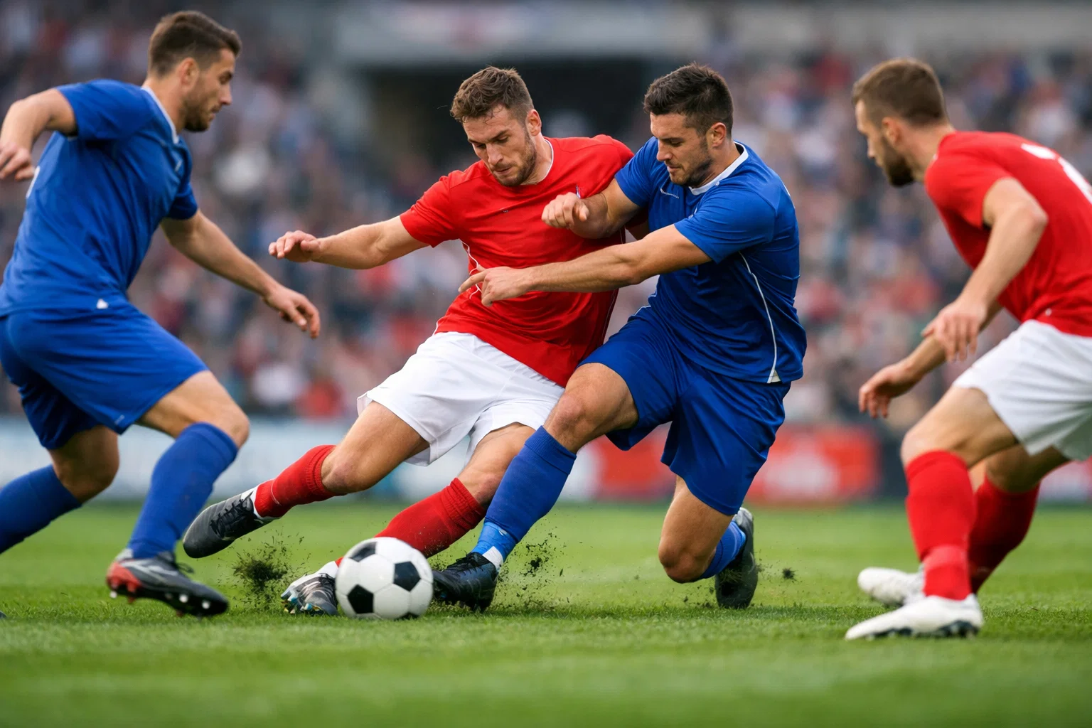 Voetbalwedstrijd met twee teams in actie op het veld
