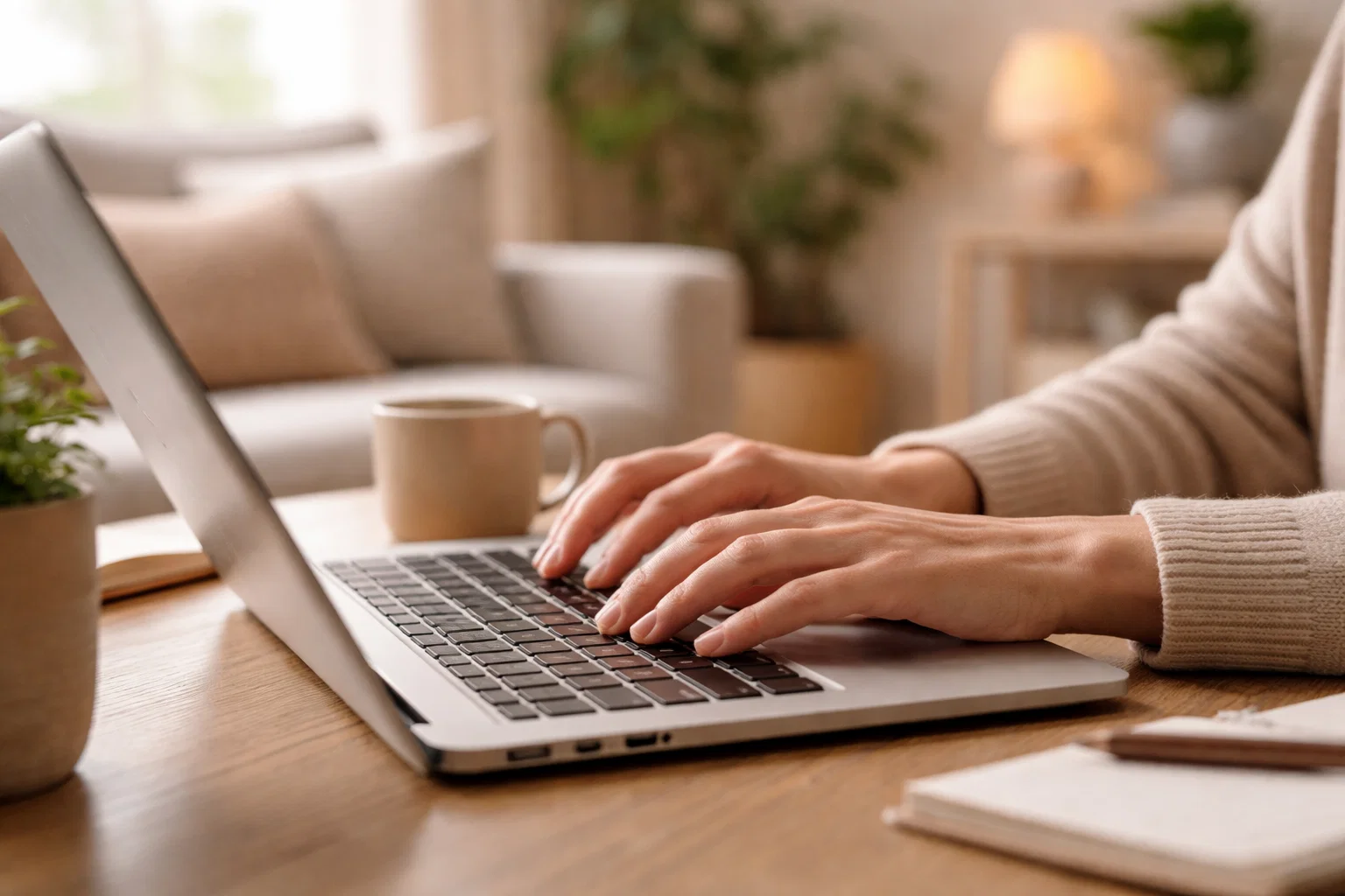 Handen typen op laptop met rustige huiskameromgeving