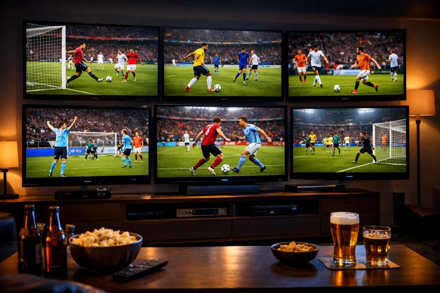 Meerdere schermen met live sportuitzendingen