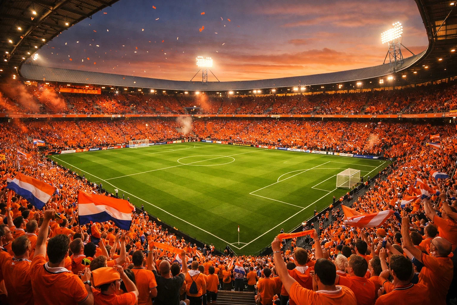 Nederlands voetbalstadion met oranje supporters en groen veld