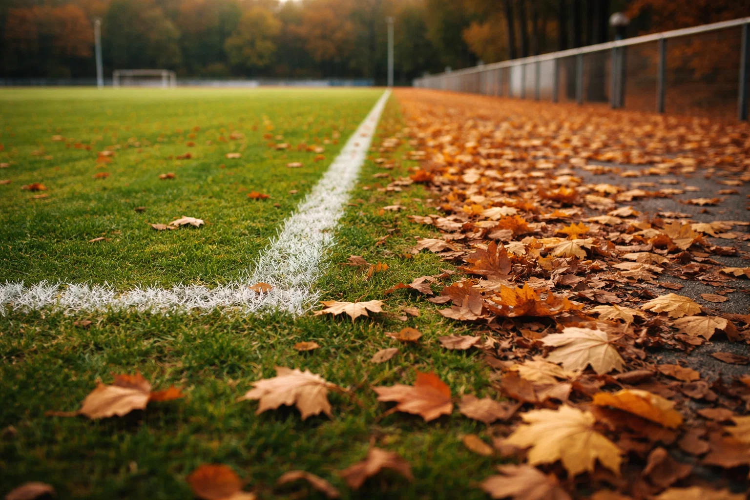 Voetbalveld met seizoenswisseling herfstbladeren langs de lijn