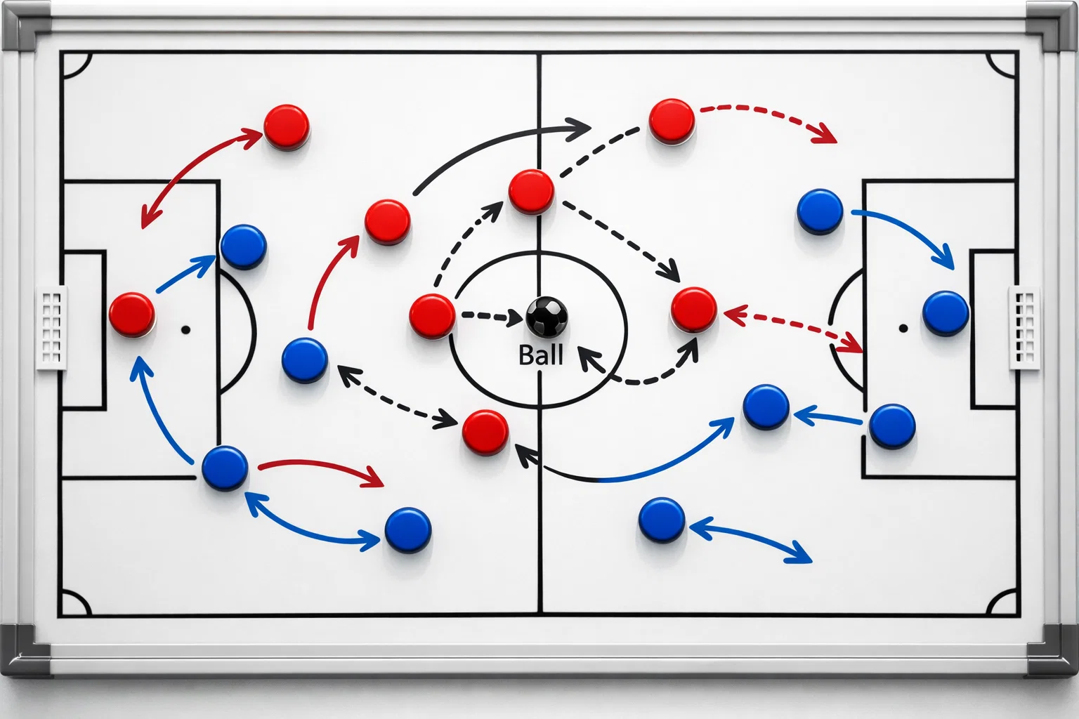 Tactiekbord met voetbalopstelling en pijlen