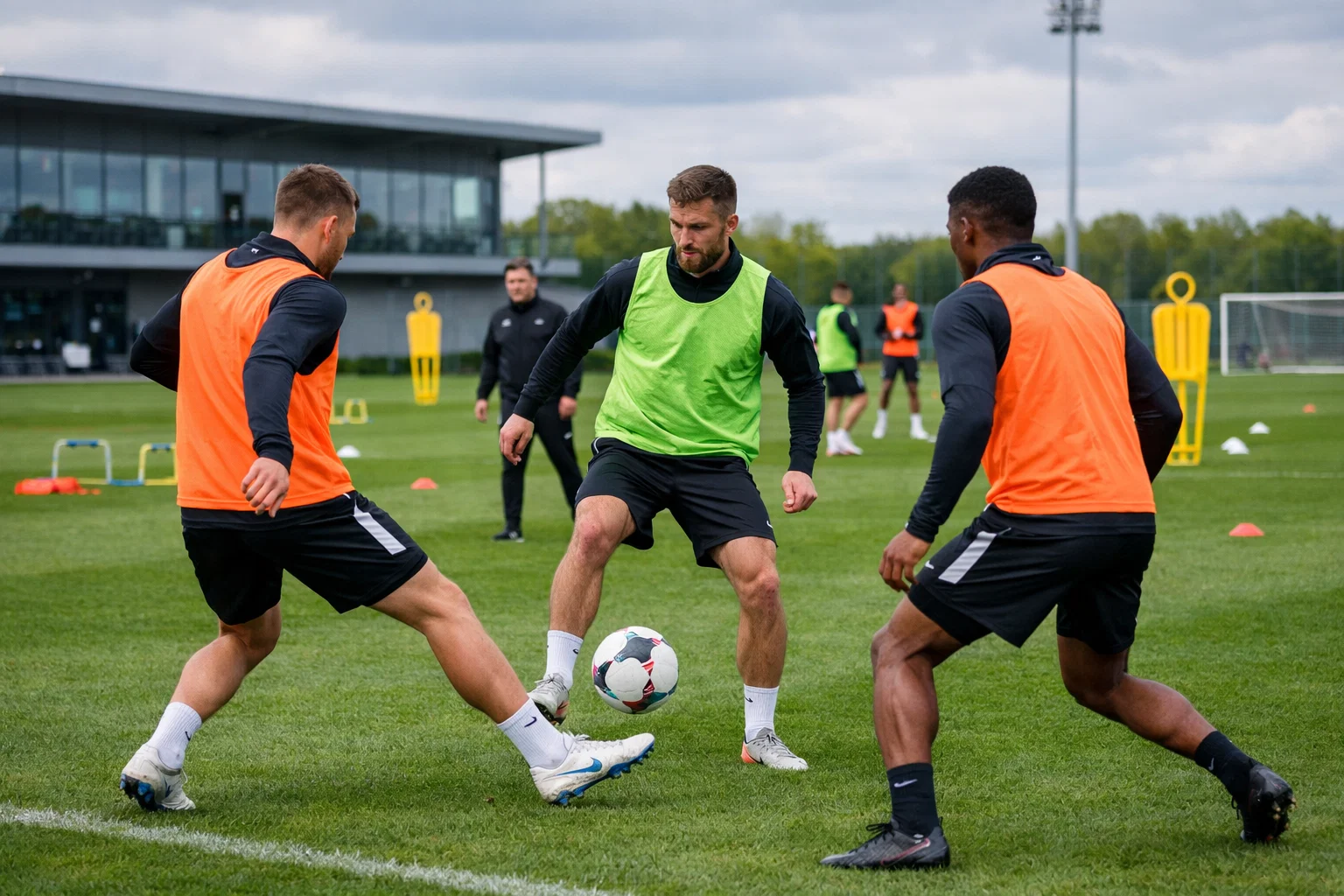 Professionele voetballers in training op modern trainingsveld