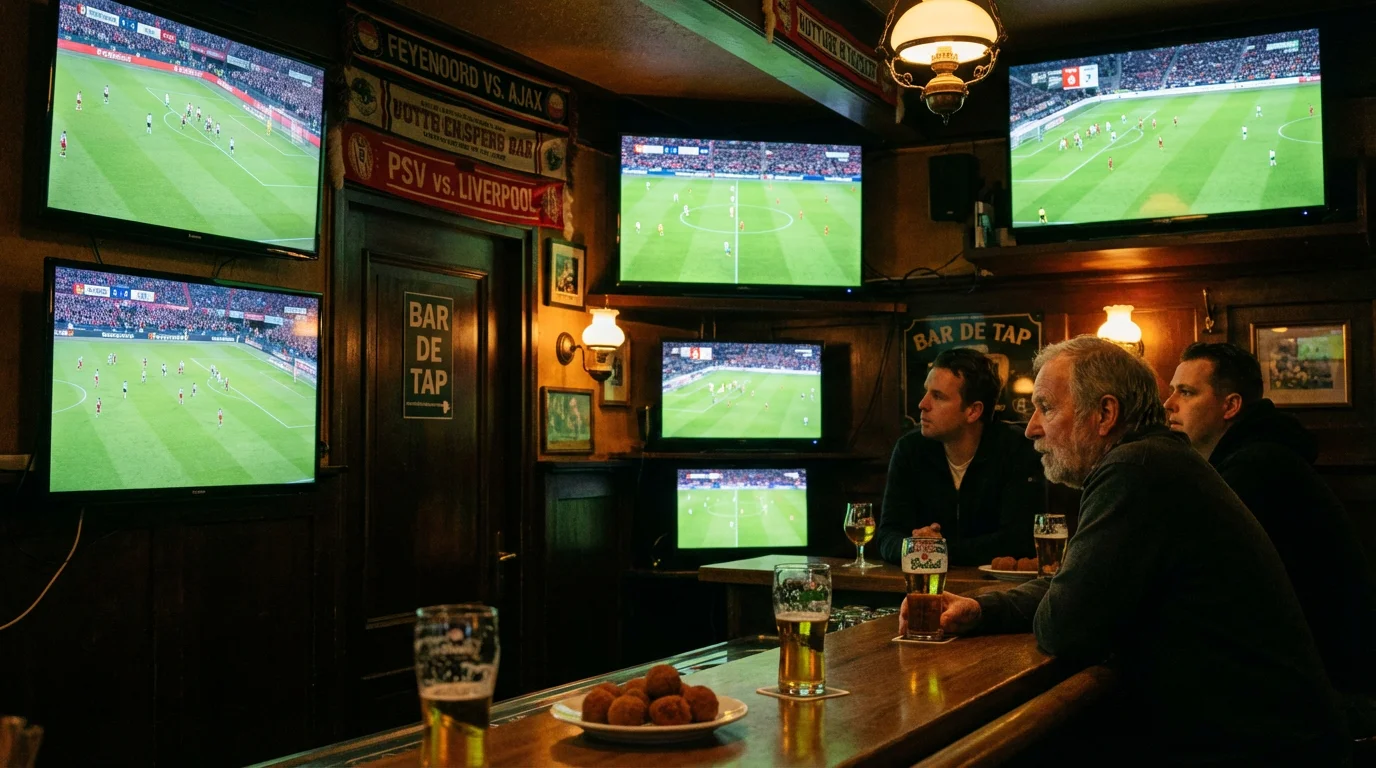 Meerdere voetbalwedstrijden tegelijk op schermen in een sportbar