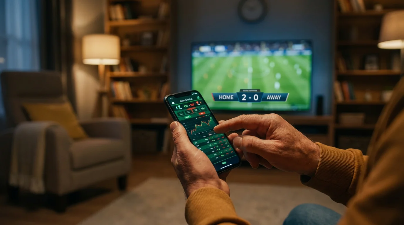 Persoon die op een smartphone een live weddenschap beheert tijdens een wedstrijd