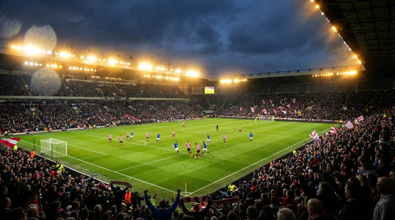 Voetbalwedstrijd in een stadion met fans die live meekijken