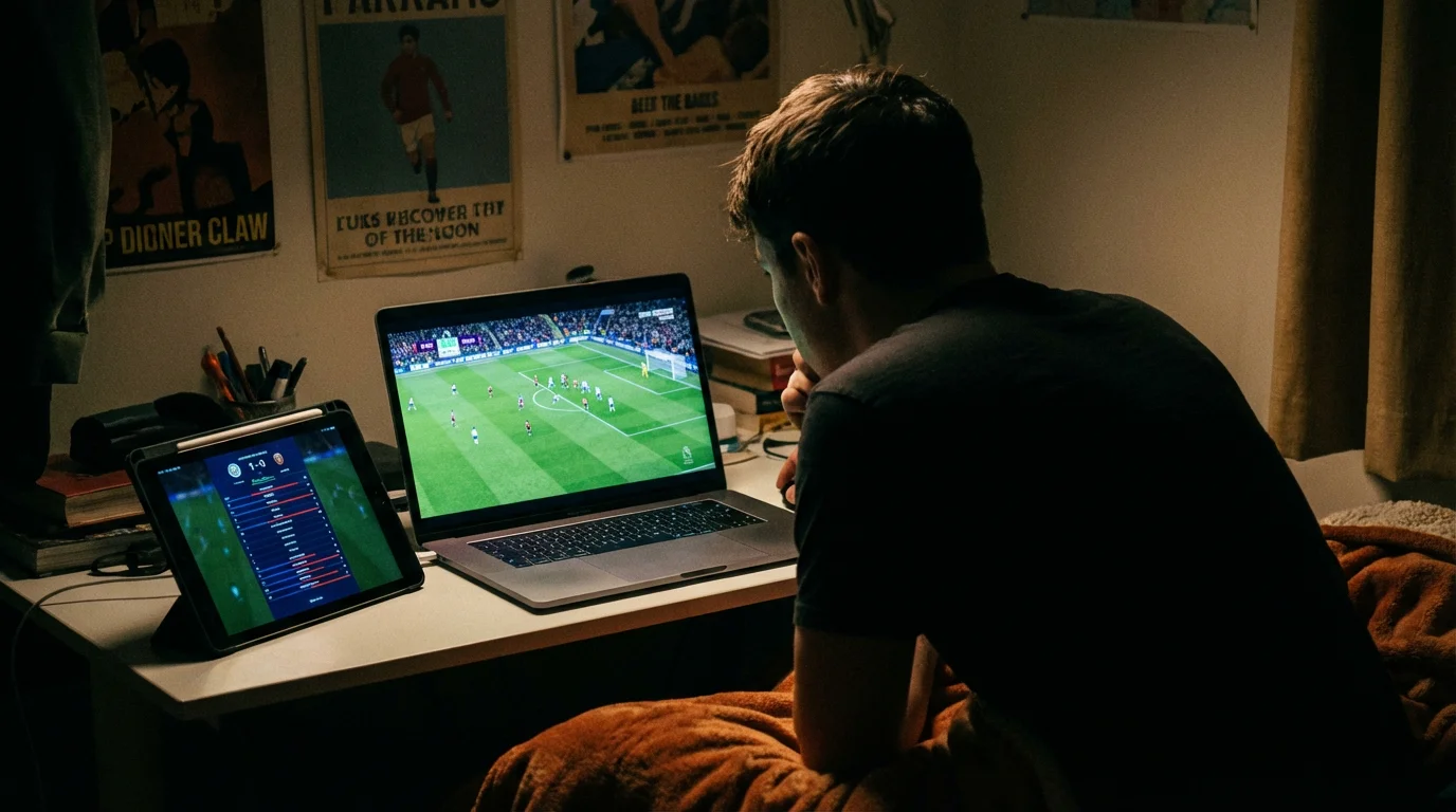 Persoon die een voetbalwedstrijd livestream bekijkt op een laptop