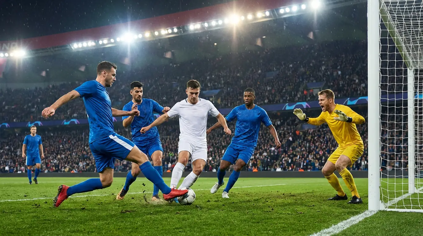 Voetbalteam dat druk zet op de tegenstander bij het doel