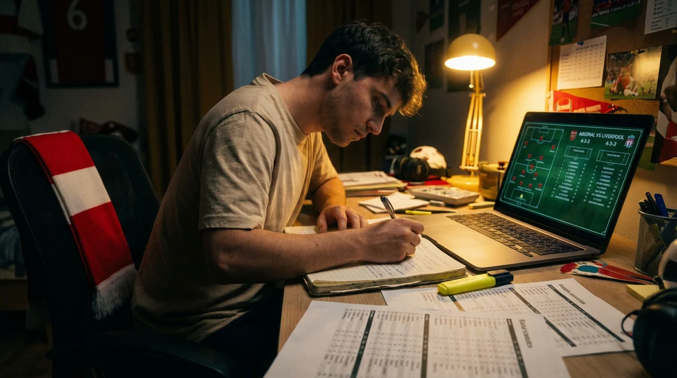 Persoon die een voetbalwedstrijd voorbereidt met notities en een laptop