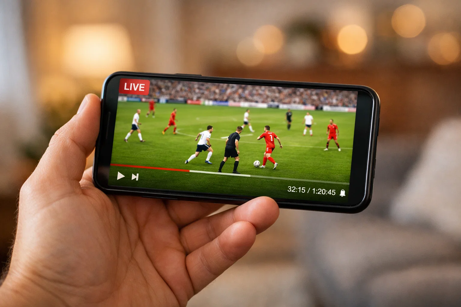Hand houdt smartphone vast met voetbalwedstrijd op het scherm in huiselijke omgeving
