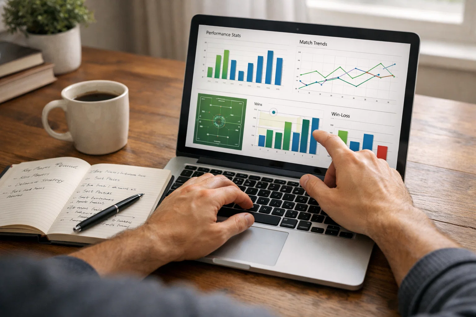 Persoon analyseert voetbalstatistieken op laptop met notitieblok en pen op houten bureau