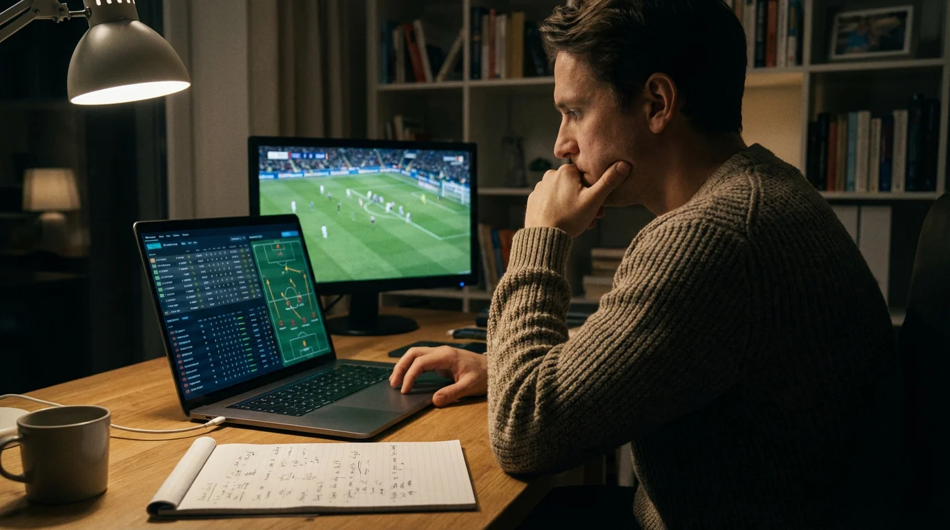 Persoon die voetbalstatistieken analyseert op een laptopscherm