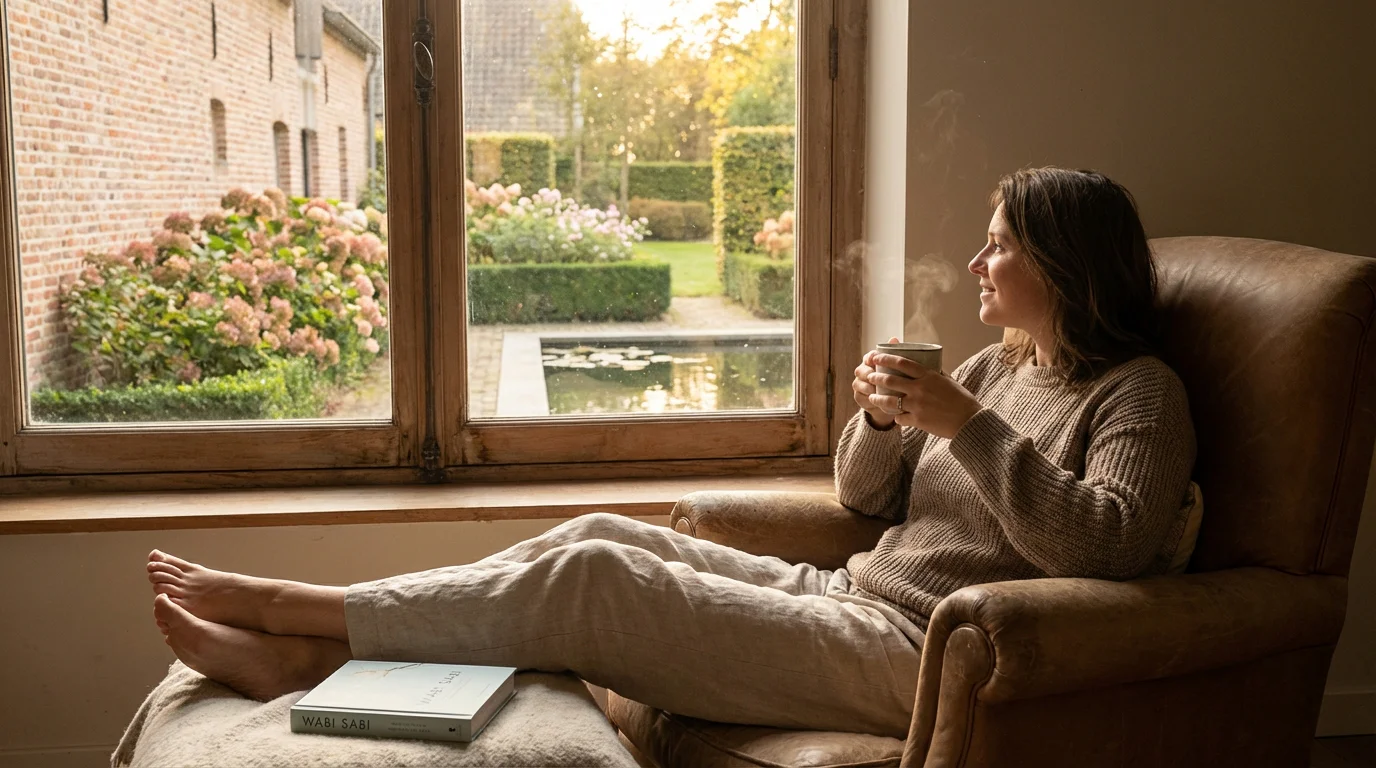Persoon die rustig een pauze neemt met een kop thee en een boek