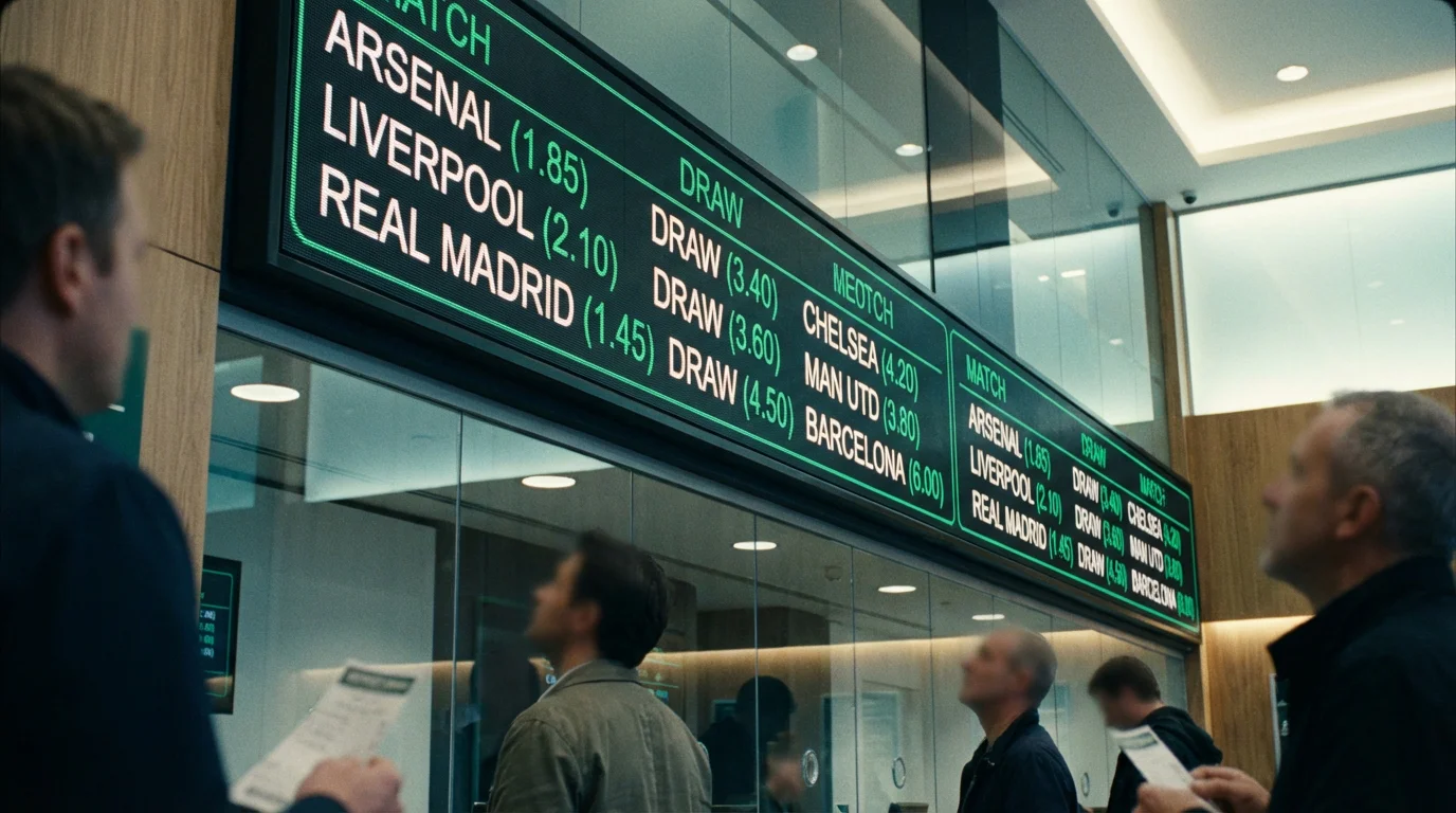 Digitaal scorebord met voetbalquoteringen in een wedkantoor