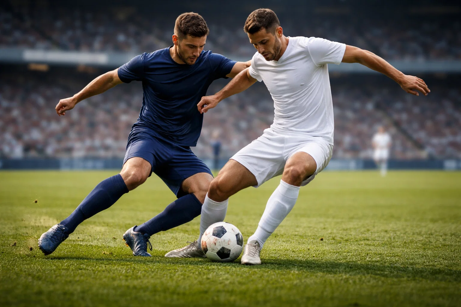 Voetballers in duel om de bal tijdens een professionele wedstrijd op grasmat met stadion op achtergrond