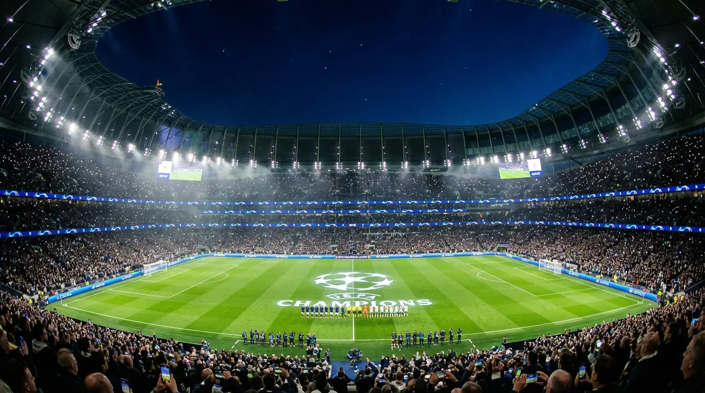 Champions League voetbalwedstrijd in een groot Europees stadion