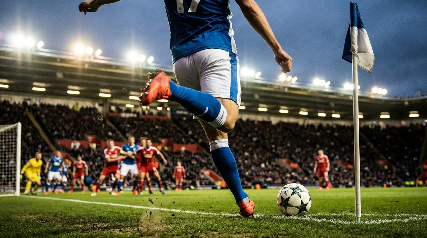 Voetballer die een hoekschop neemt in een vol stadion