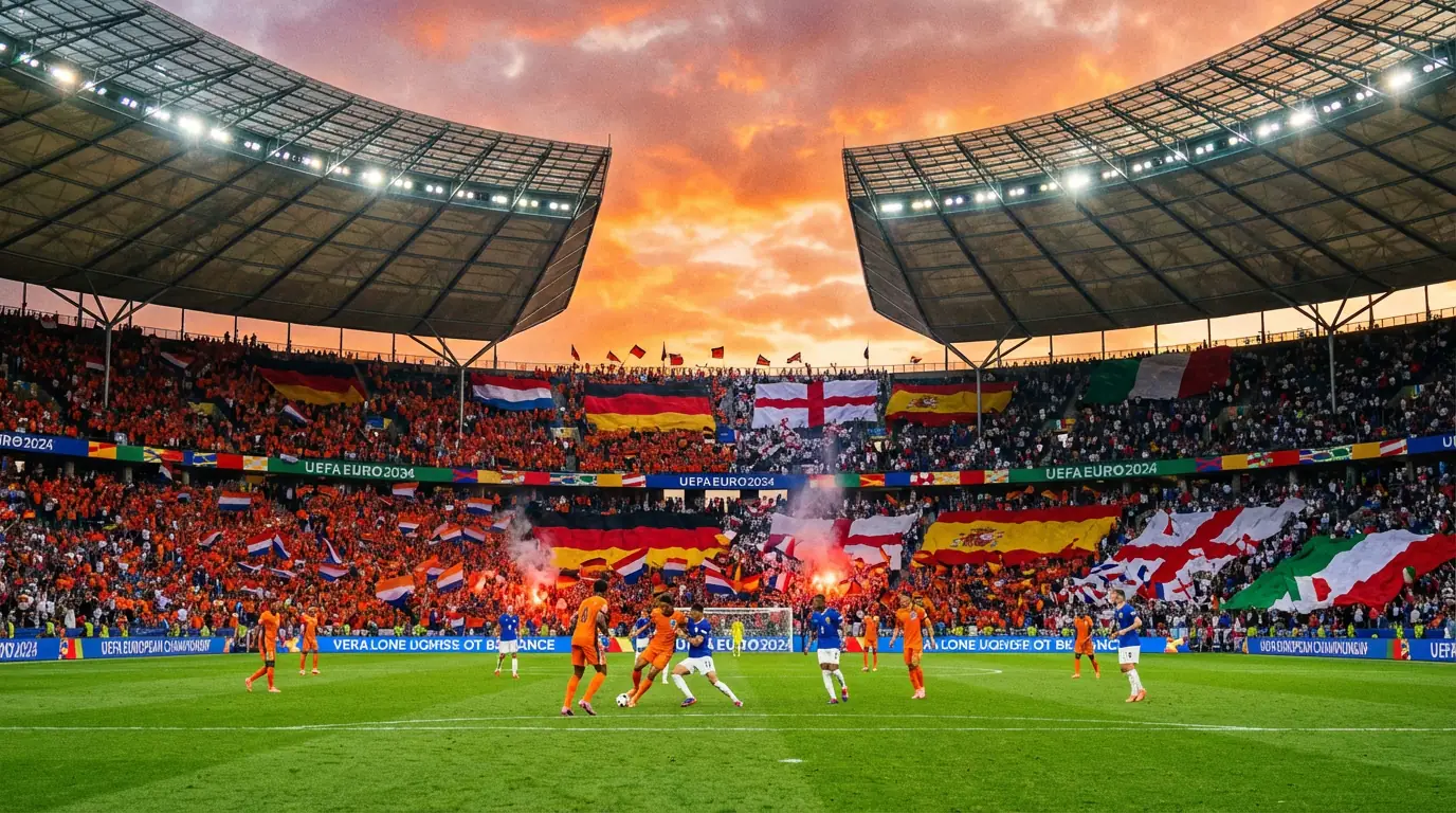 EK voetbalwedstrijd met Europese fans en vlaggen in het stadion