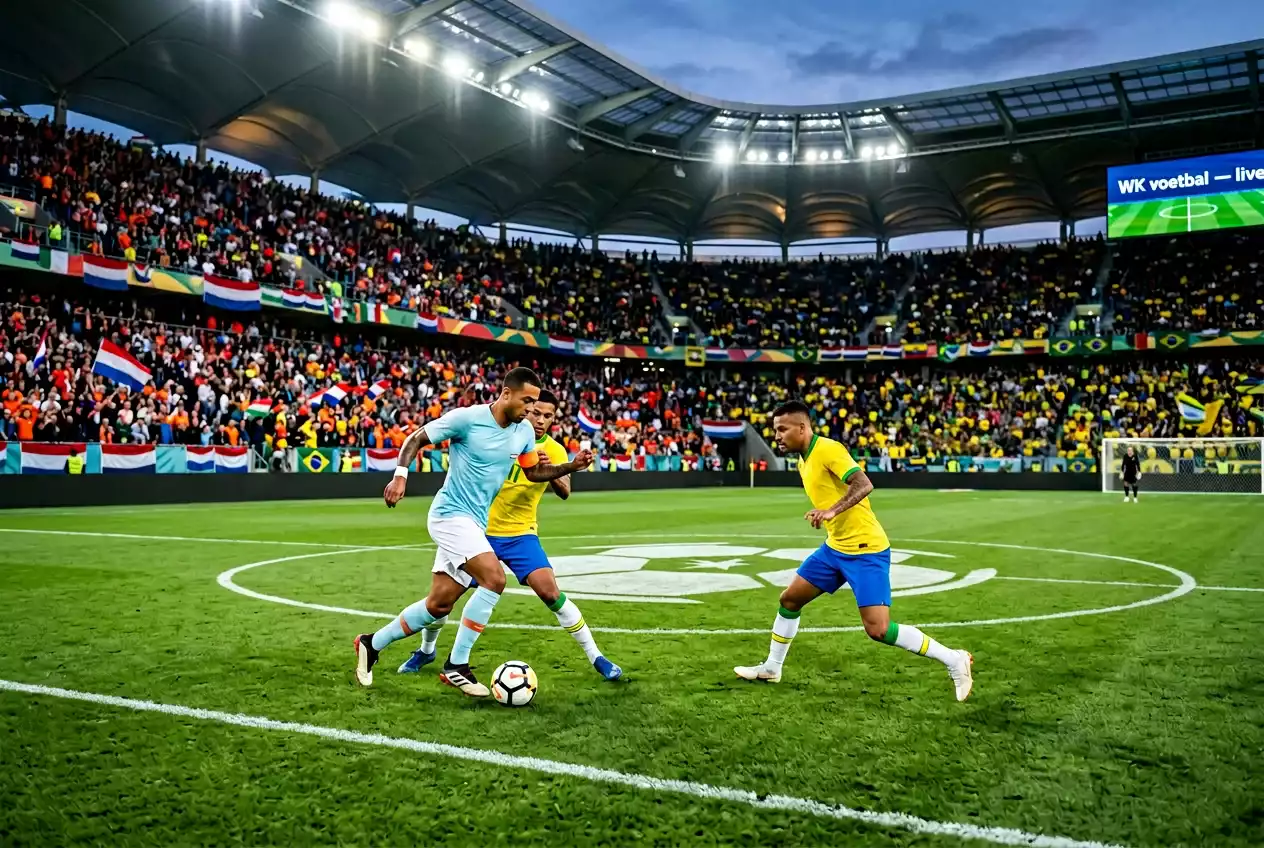 WK voetbalwedstrijd in een groot internationaal stadion met landenvlaggen